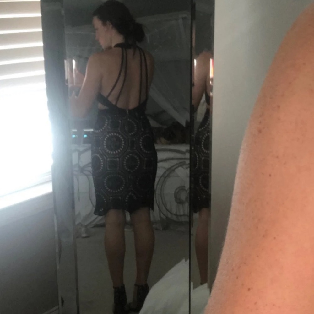 Black nude lace backless dress